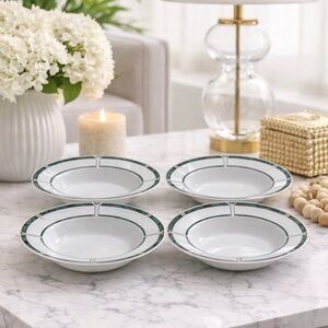 Lynns Sofia Berkeley Soup Cereal Bowls Set of 4 8.5” Green Rim Porcelain